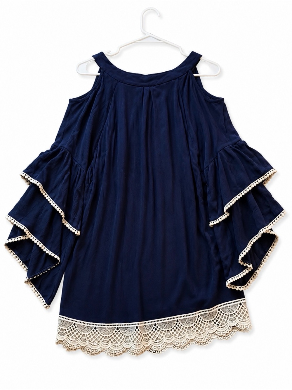 Navy Cold Shoulder Bell Sleeve Lace Trim Boho Blouse Oversized Large - Picture 4 of 4